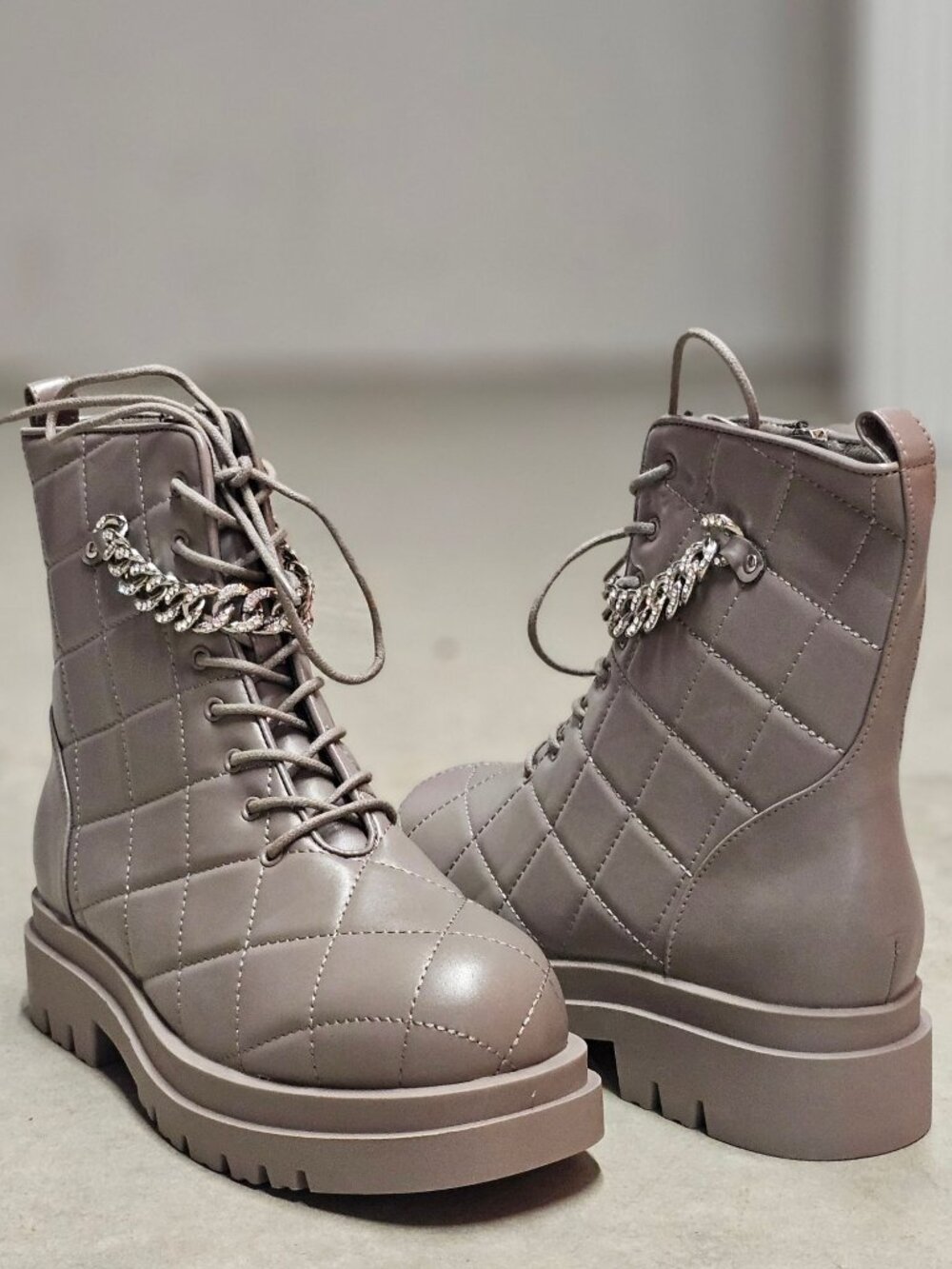 Quilted Faux Leather Lace-Up Combat Boots With Chain Accent Taupe Color